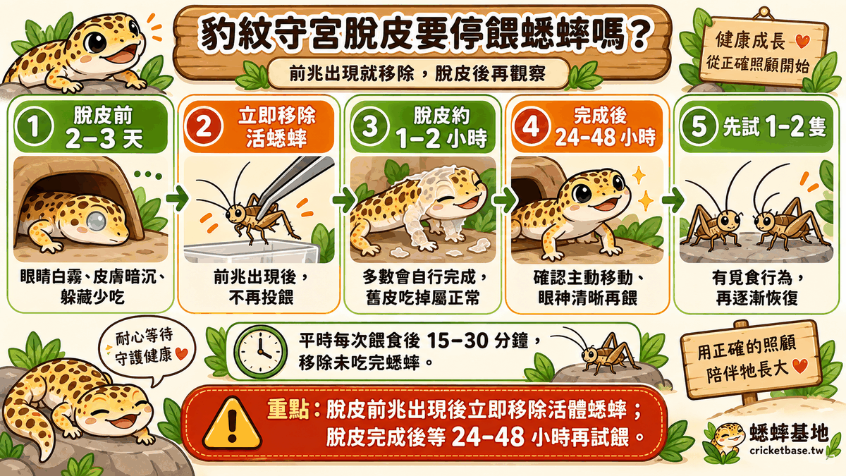 前兆出現就移除活蟋蟀：脫皮期守宮反應變慢，蟋蟀可能啃咬皮膚、趾尖與眼周