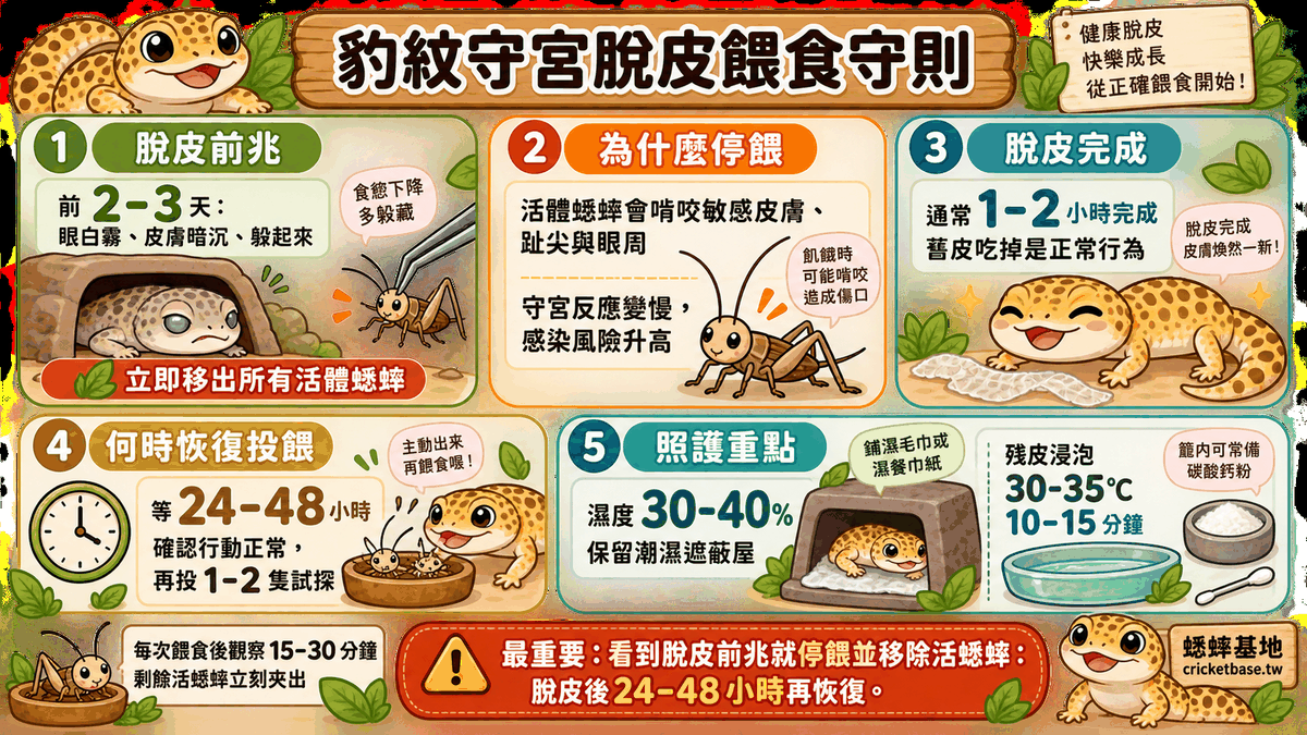 每次餵食後觀察 15–30 分鐘，剩餘活蟋蟀立刻夾出，是脫皮期外也要養成的習慣