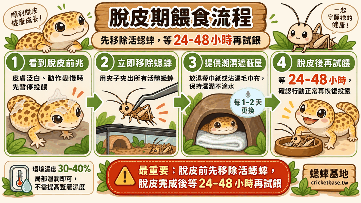 總結流程圖：看到脫皮前兆先移除所有活體蟋蟀，脫皮後等 24–48 小時再試餵