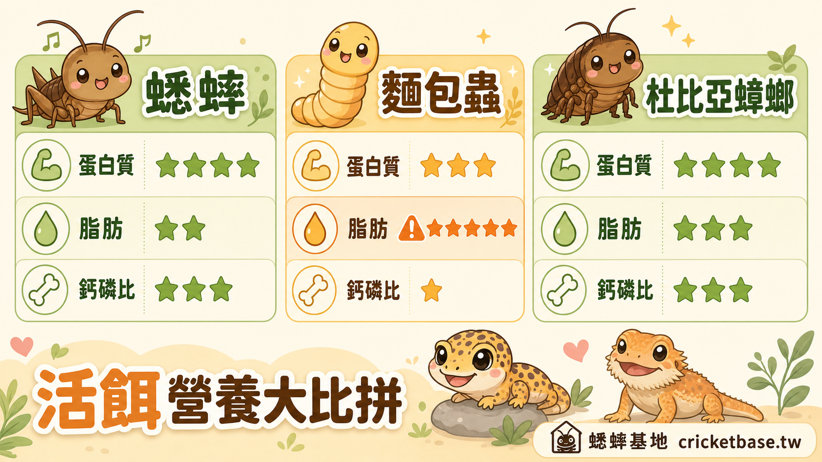 蟋蟀、麵包蟲、杜比亞蟑螂各有強項：活體誘食性強、冷凍存放方便——選擇前先了解三種活餌的差異，才能根據你的爬寵狀況做出最適合的搭配