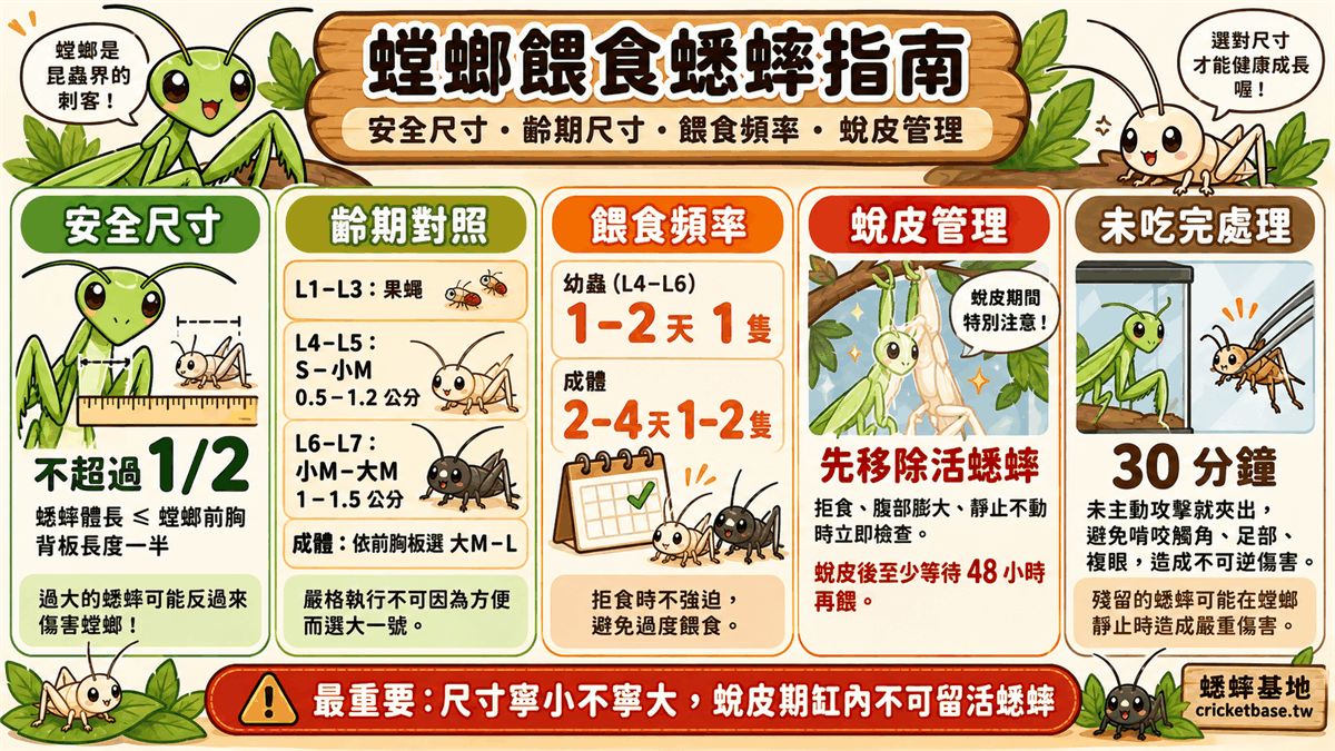 螳螂餵食蟋蟀指南總覽圖:安全尺寸、齡期尺寸、餵食頻率、蛻皮管理、未吃完處理五大重點