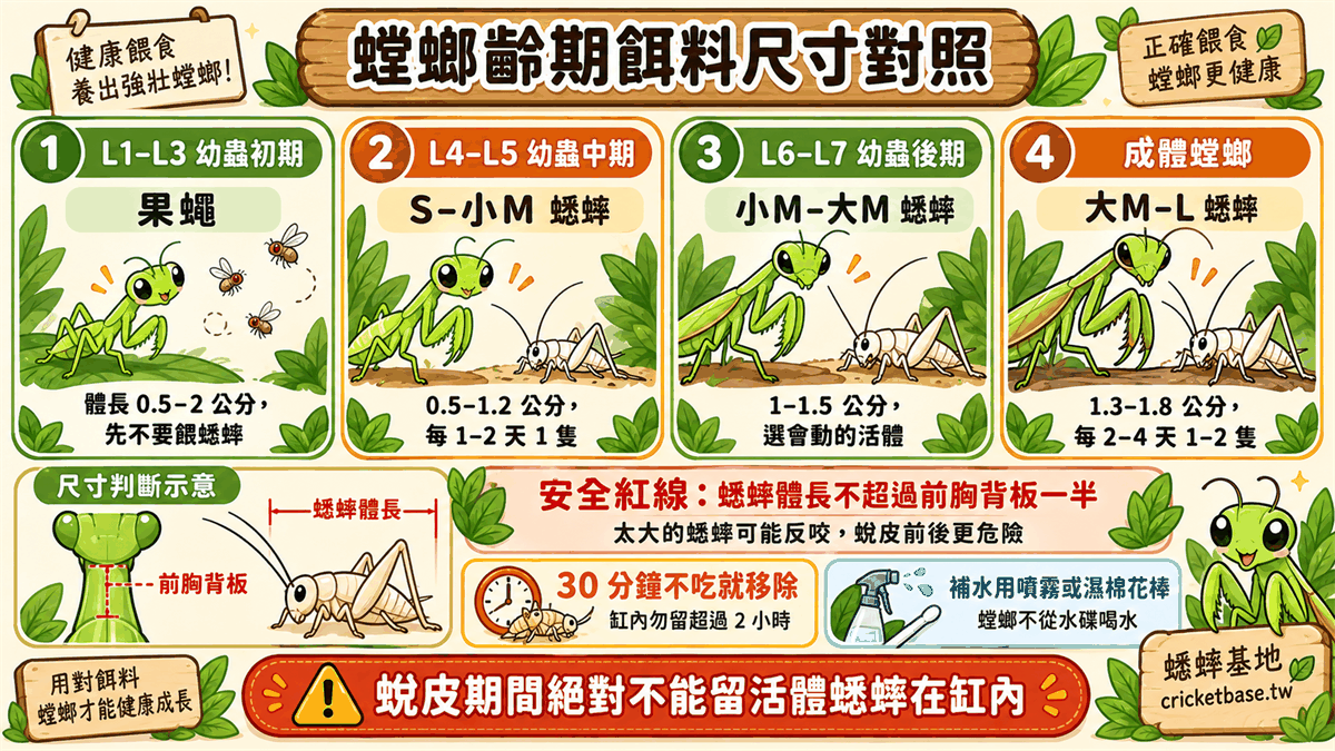 螳螂齡期餌料尺寸對照:L1–L3 用果蠅、L4–L5 用 S–小M 蟋蟀、L6–L7 用 小M–大M、成體用 大M–L;安全紅線是蟋蟀體長不超過前胸背板的一半