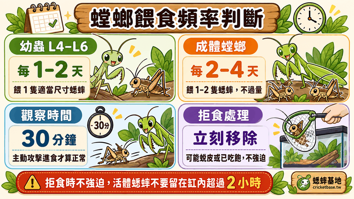 餵食頻率:幼蟲 L4–L6 每 1–2 天 1 隻、成體每 2–4 天 1–2 隻,拒食時不強迫