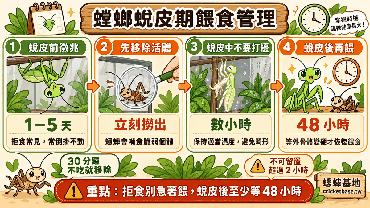 蛻皮管理:蛻皮前 1–5 天拒食屬正常,蛻皮後等 48 小時外骨骼變硬再餵