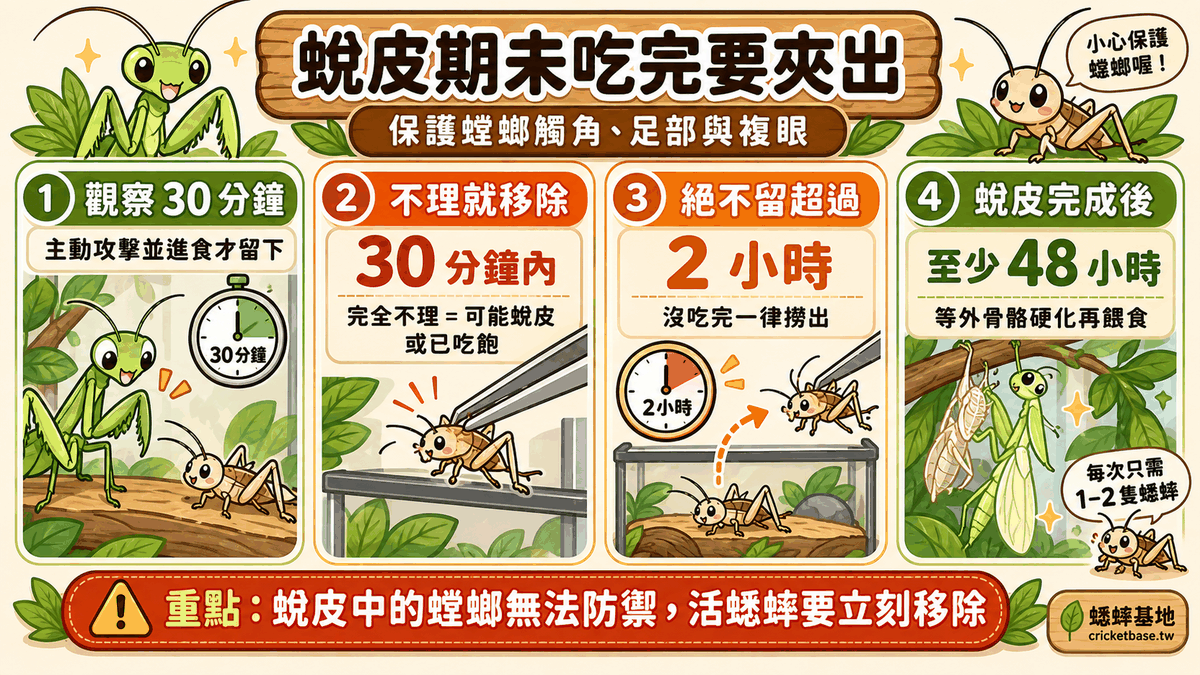 未吃完處理:30 分鐘內不攻擊就夾出蟋蟀,避免啃咬螳螂的觸角、足部與複眼