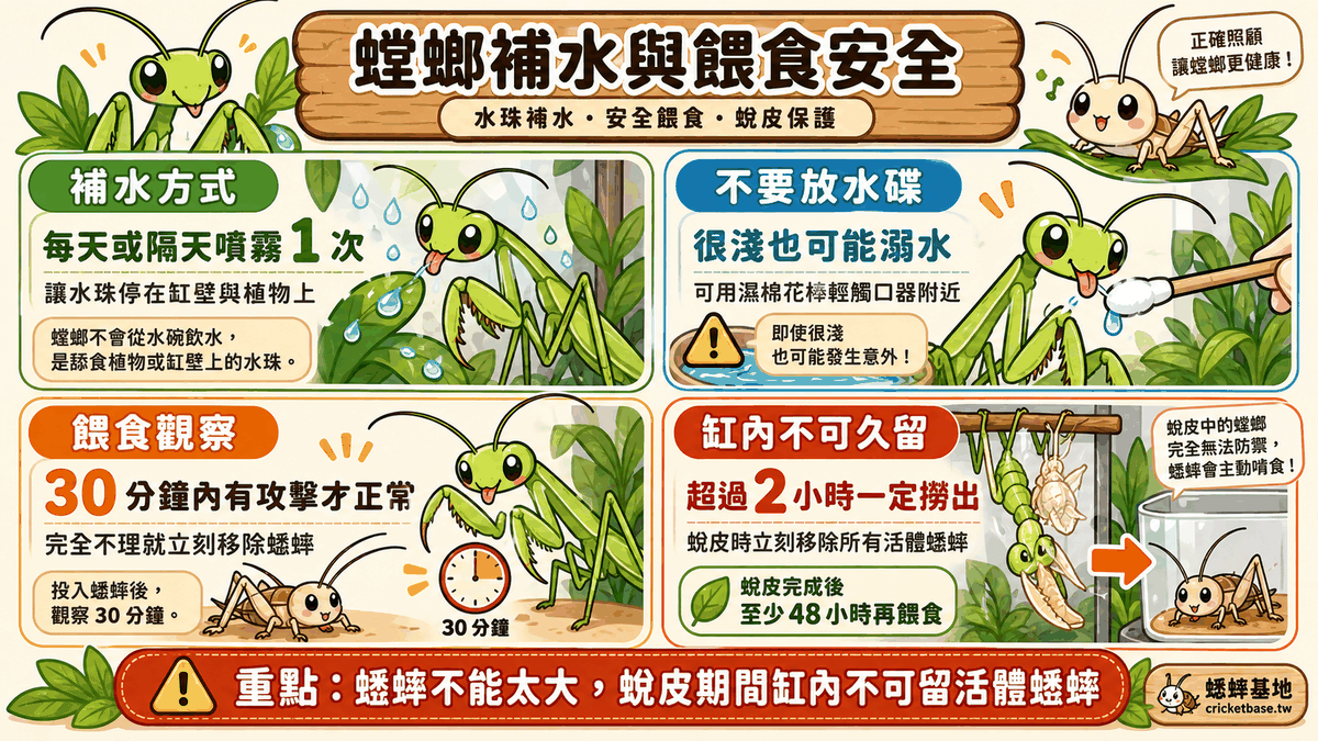螳螂餵食重點回顧:蟋蟀不能太大,蛻皮期間缸內不可留活體蟋蟀