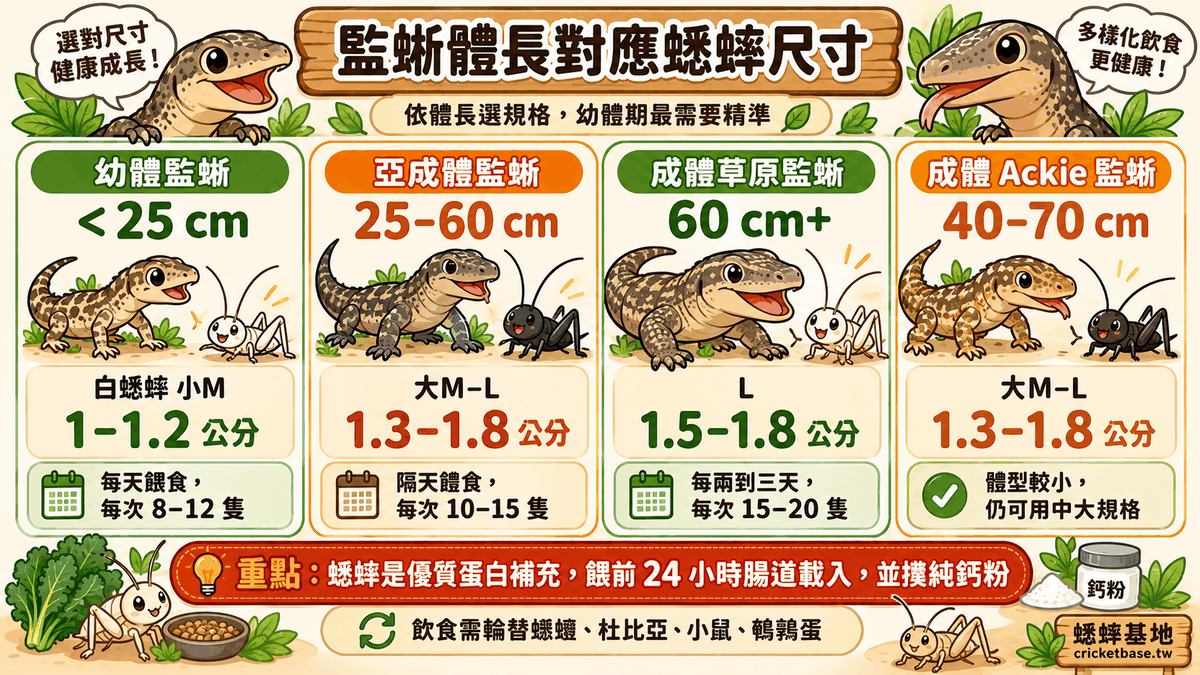 監蜥體長對應的蟋蟀尺寸選擇