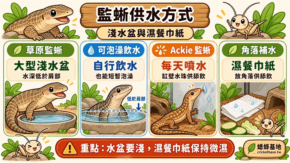 監蜥供水方式：淺水盆與濕餐巾紙