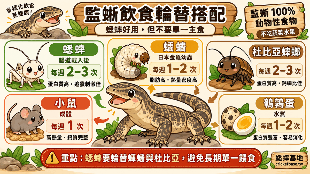 監蜥飲食的最佳搭配：蟋蟀、蠐螬、杜比亞輪替