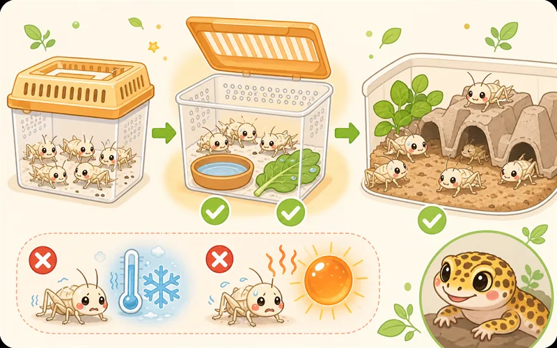 正確的安置環境：有躲藏空間的通風飼養盒放在室溫陰涼處，不可冷藏，守宮也才能安心取用健康活餌