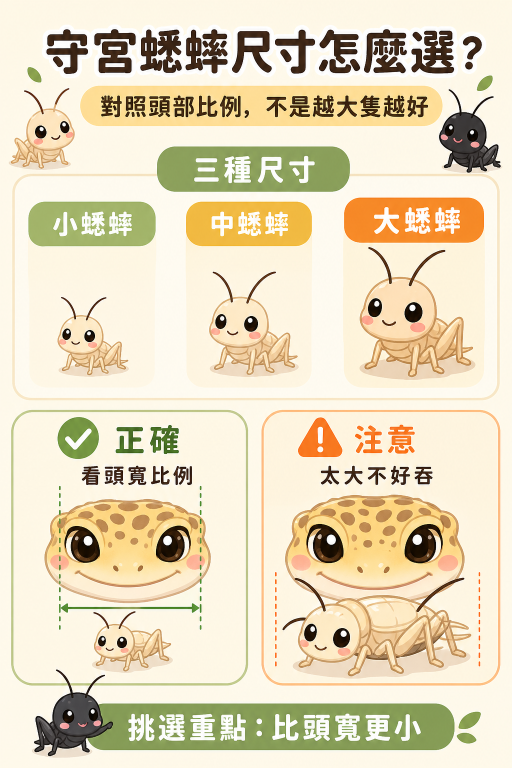 守宮對應三種尺寸蟋蟀的示意，提醒飼主挑選蟋蟀時要對照爬蟲的頭部比例，不是越大隻越好