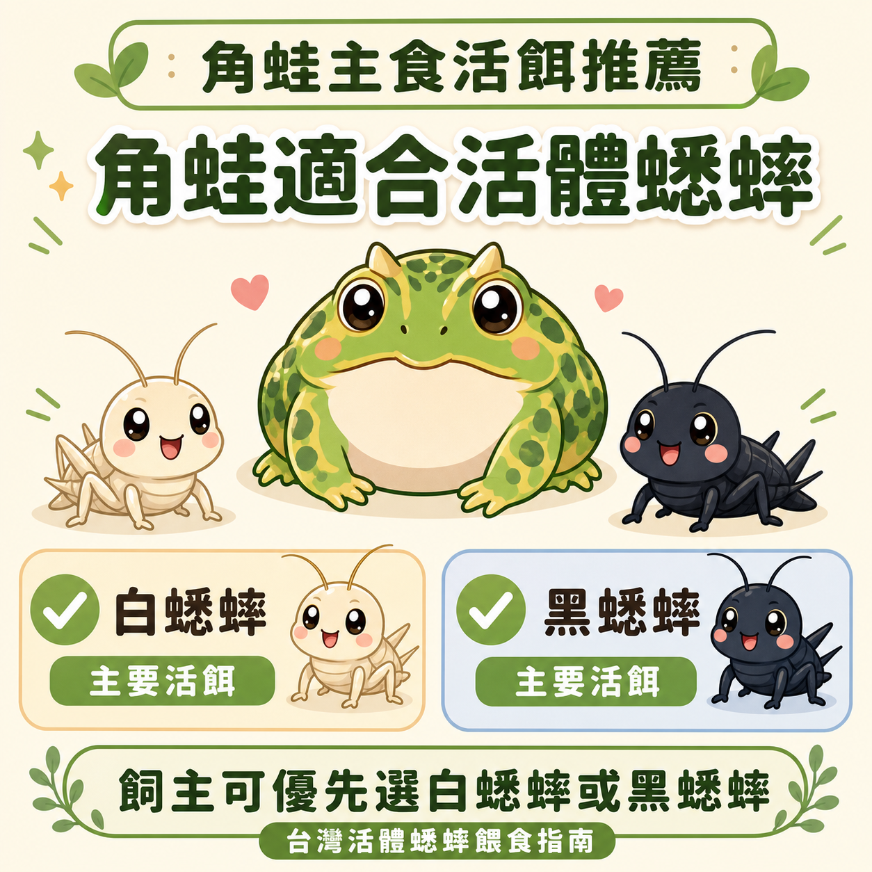 角蛙適合活體蟋蟀，建議飼主選白蟋蟀或黑蟋蟀作為主要活餌