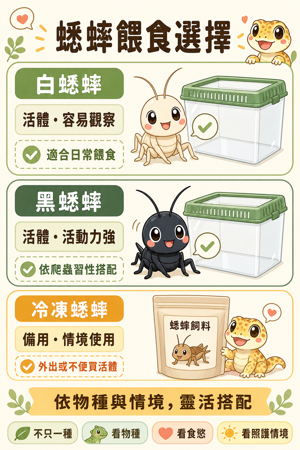 白蟋蟀、黑蟋蟀、冷凍蟋蟀各有適合的使用時機，提醒飼主餵食爬蟲的蟋蟀選擇不只一種，可依物種和情境靈活搭配