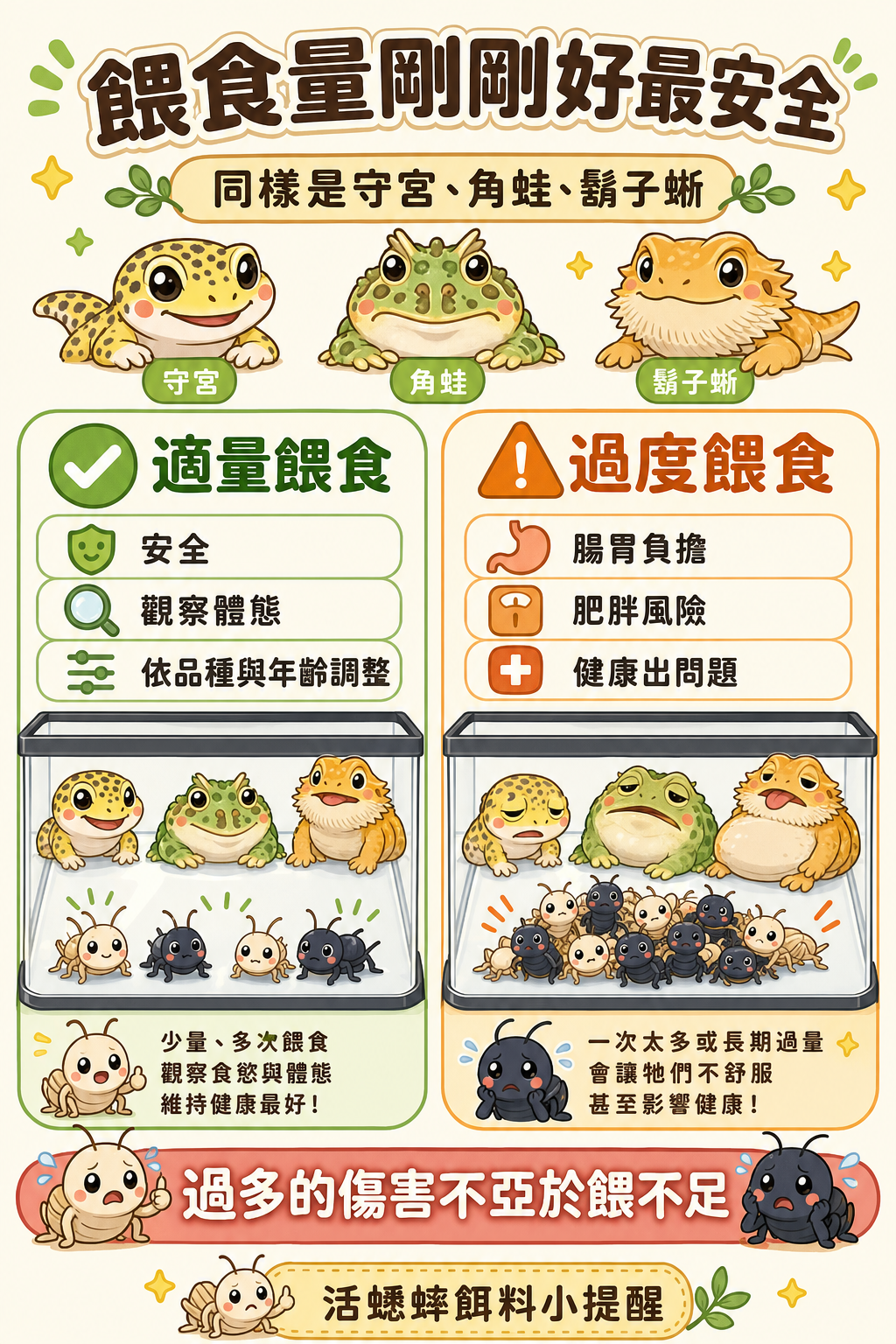 同樣是守宮、角蛙、鬍子蜥，適量餵食都很安全，可是一旦給太多就出問題，提醒飼主過度餵食對爬蟲的傷害不亞於餵不足