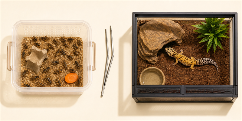 活餌飼養盒與豹紋守宮飼養缸並排對比，說明替蟋蟀準備合適的存放環境與替爬蟲維持良好生活空間，是確保每次餵食成效的兩個同等重要的前提