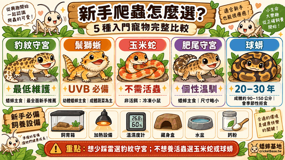新手爬蟲怎麼選：5 種入門寵物的特點與新手必備飼養設備（飼育箱、加熱、溫濕度計、藏身盒、水盆、鈣粉）