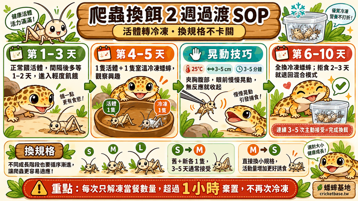 換餌四階段與換規格做法：S 換 M 舊新各放一隻，M 換 S 直接換小