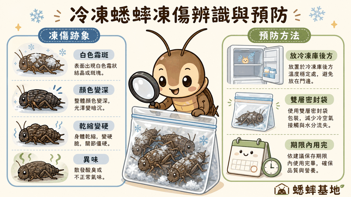 冷凍蟋蟀凍傷辨識與預防：白色霜斑、顏色變深、乾縮變硬、異味