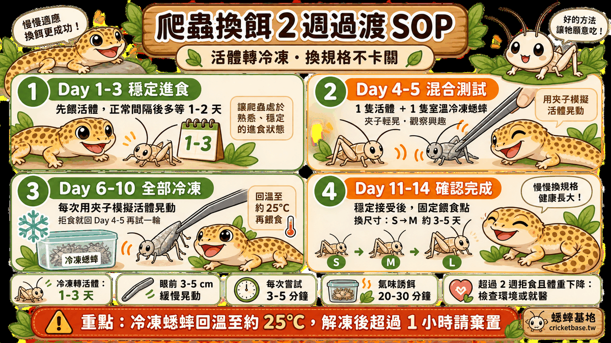換餌 SOP 重點：冷凍蟋蟀回溫至約 25°C，解凍後超過 1 小時棄置，冷凍轉活體約 1–3 天