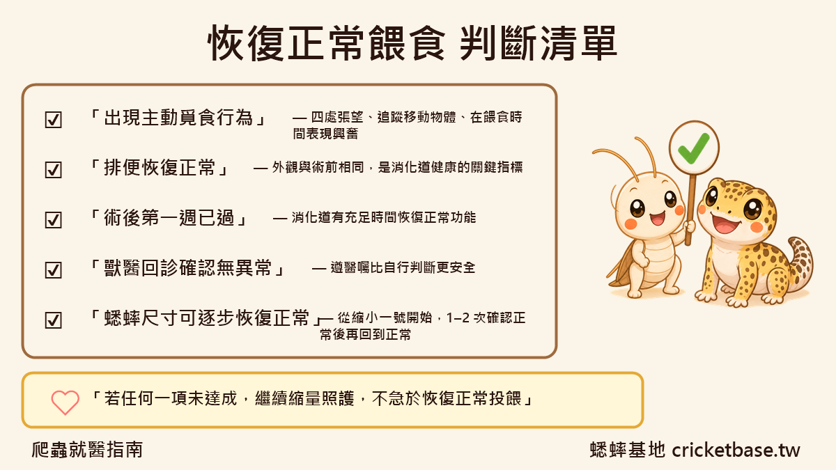 恢復正常餵食的判斷清單：主動覓食、排便正常、術後第一週已過、獸醫回診確認、蟋蟀尺寸逐步恢復