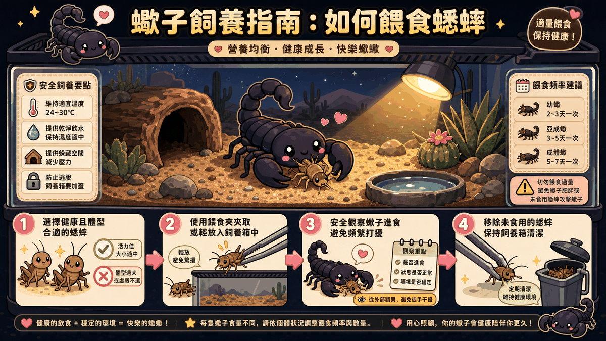 蠍子餵食蟋蟀指南：活體還是冷凍？尺寸、頻率與安全注意事項