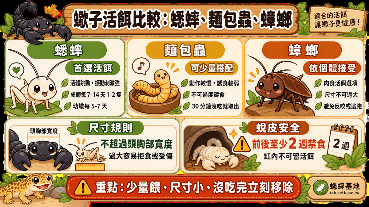 蠍子活餌比較：蟋蟀、麵包蟲、蟑螂對照圖