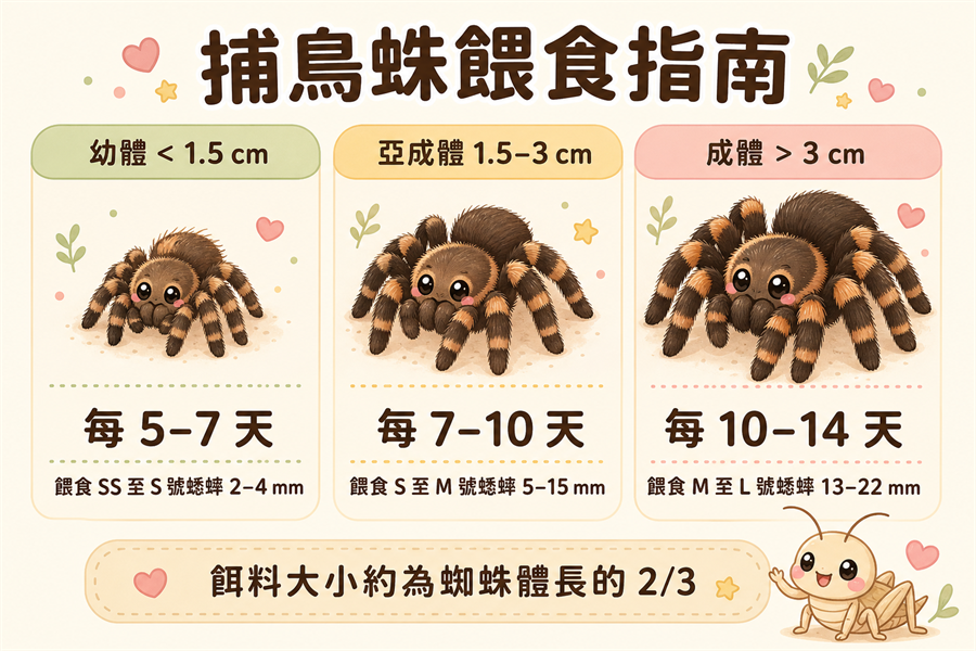 捕鳥蛛餵食頻率對照：幼蛛每5-7天、亞成體每7-10天、成體每10-14天，蟋蟀長度不超過腹部2/3