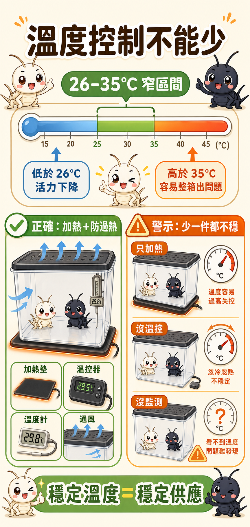 蟋蟀只能活在 26–35°C 的窄區間，這張圖說明為什麼加熱和防過熱都少不了，缺一件就可能讓整箱出問題