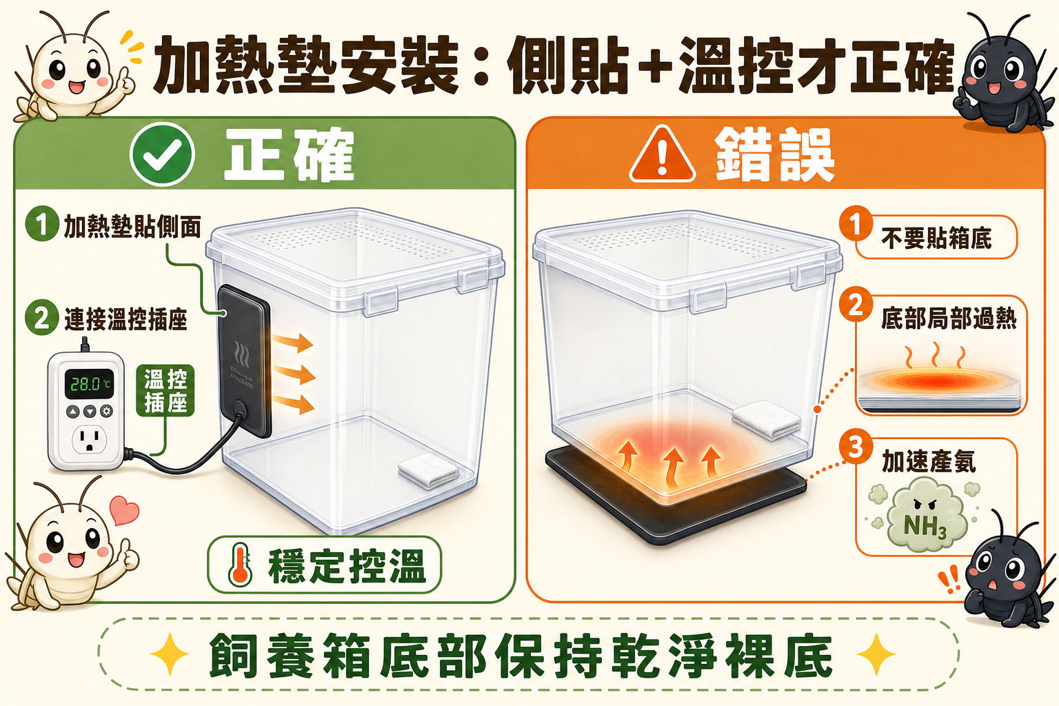 加熱墊貼側面、連接溫控插座才是正確安裝，直接貼在箱底會讓底部局部過熱、加速產氨，這張圖清楚標出對與錯