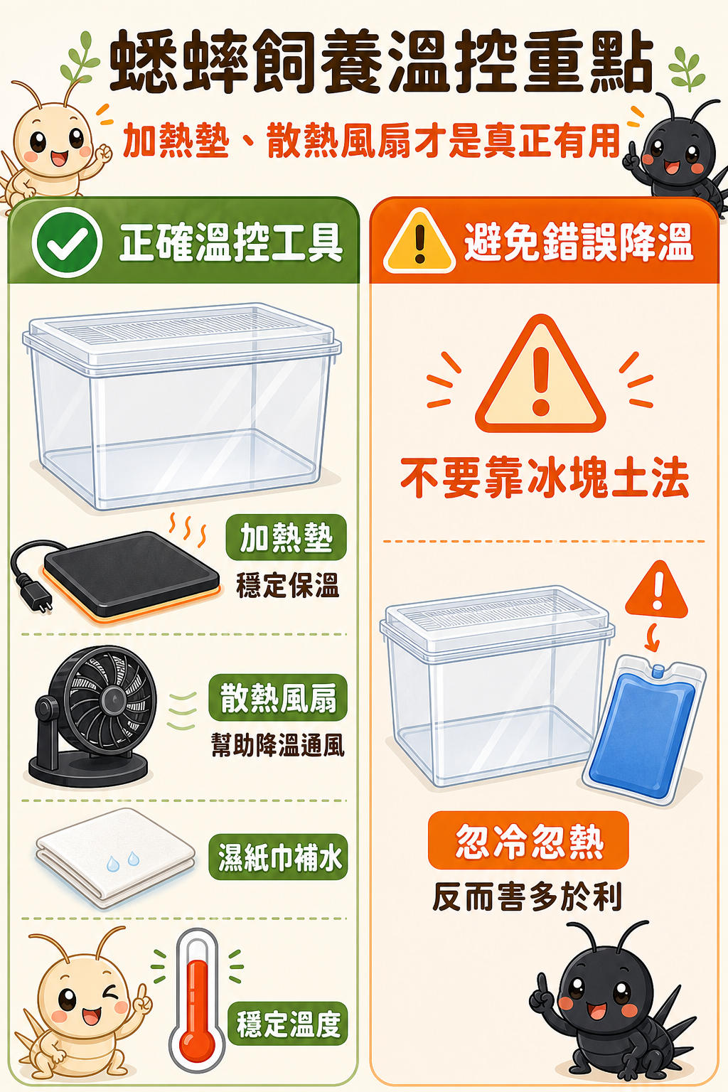 加熱墊和散熱風扇是正確的溫控工具，靠冰塊土法降溫反而害多於利——這張圖點出哪些設備真的有用、哪些做法要避開