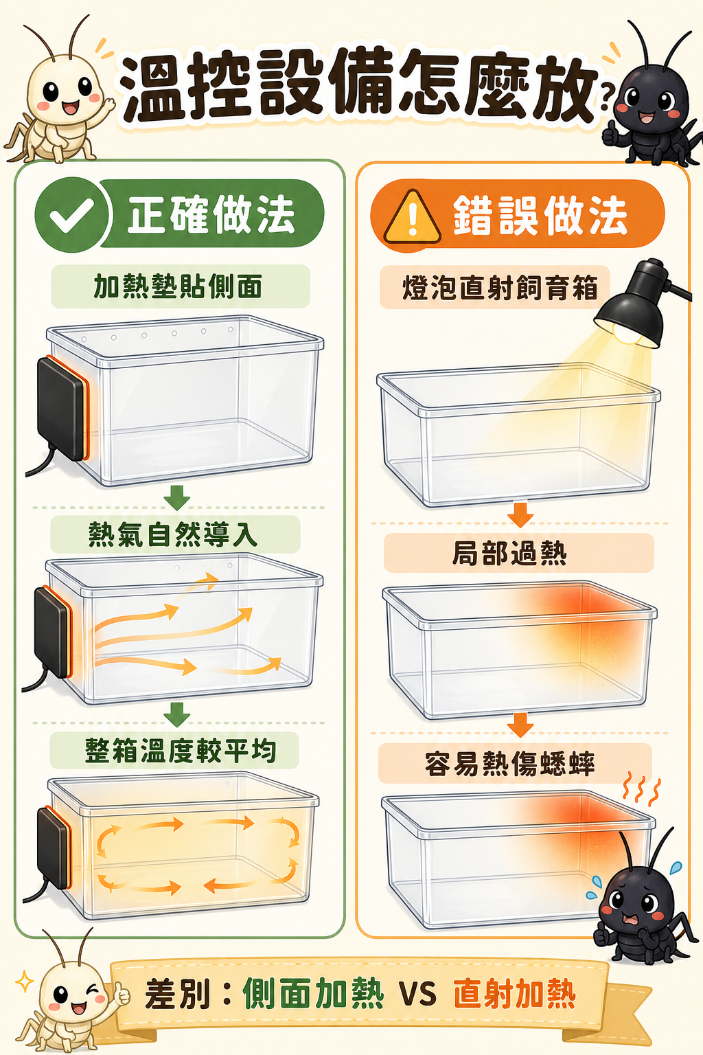 加熱墊貼側面、熱氣自然導入是正確的做法；用燈泡直射飼育箱會造成局部過熱，這張圖幫你快速看出兩者差在哪