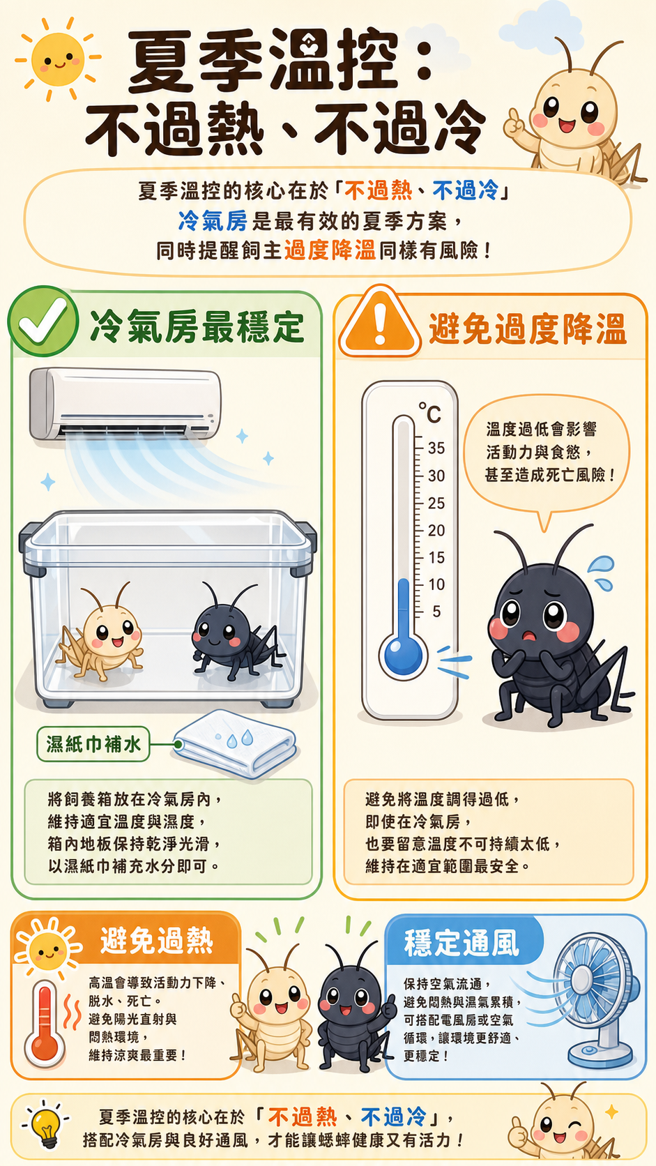 夏季溫控的核心在於「不過熱、不過冷」，這張圖點出冷氣房是最有效的夏季方案，同時提醒飼主過度降溫同樣有風險