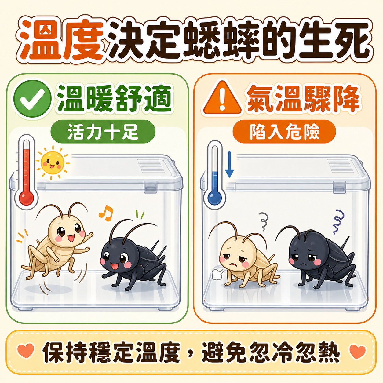 溫度決定蟋蟀的生死:待在溫暖舒適的環境裡活力十足,一旦氣溫驟降就會陷入危險