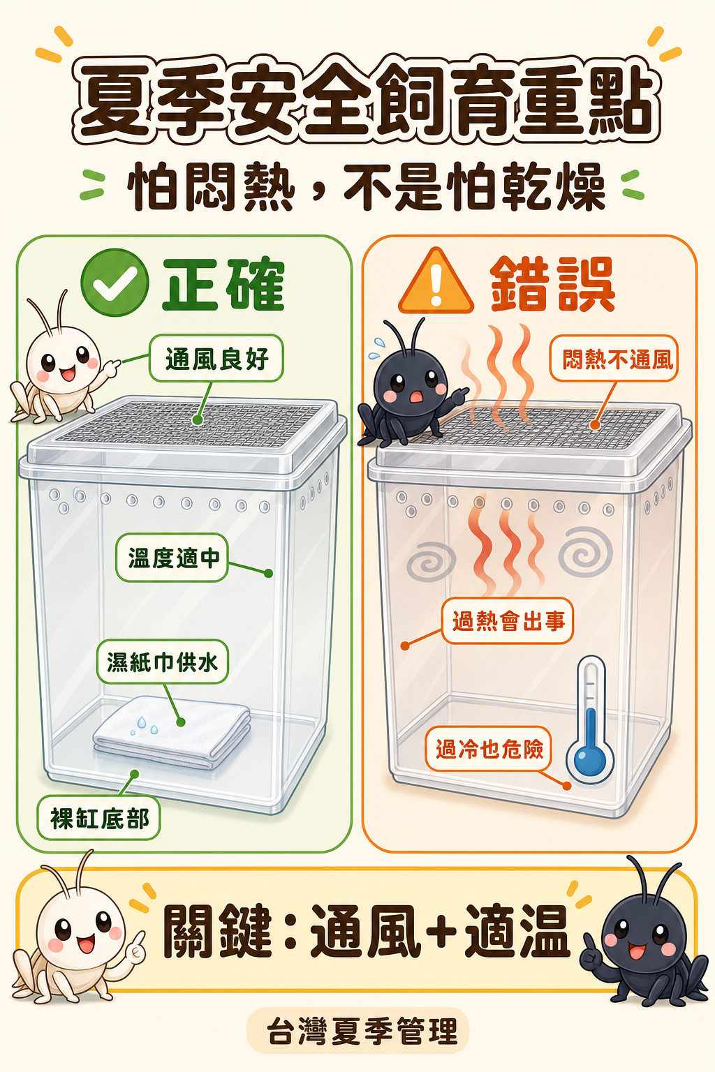 台灣夏季最怕的是悶熱,不是乾燥:通風良好、溫度適中才是安全飼育的關鍵,過熱和過冷都會出事