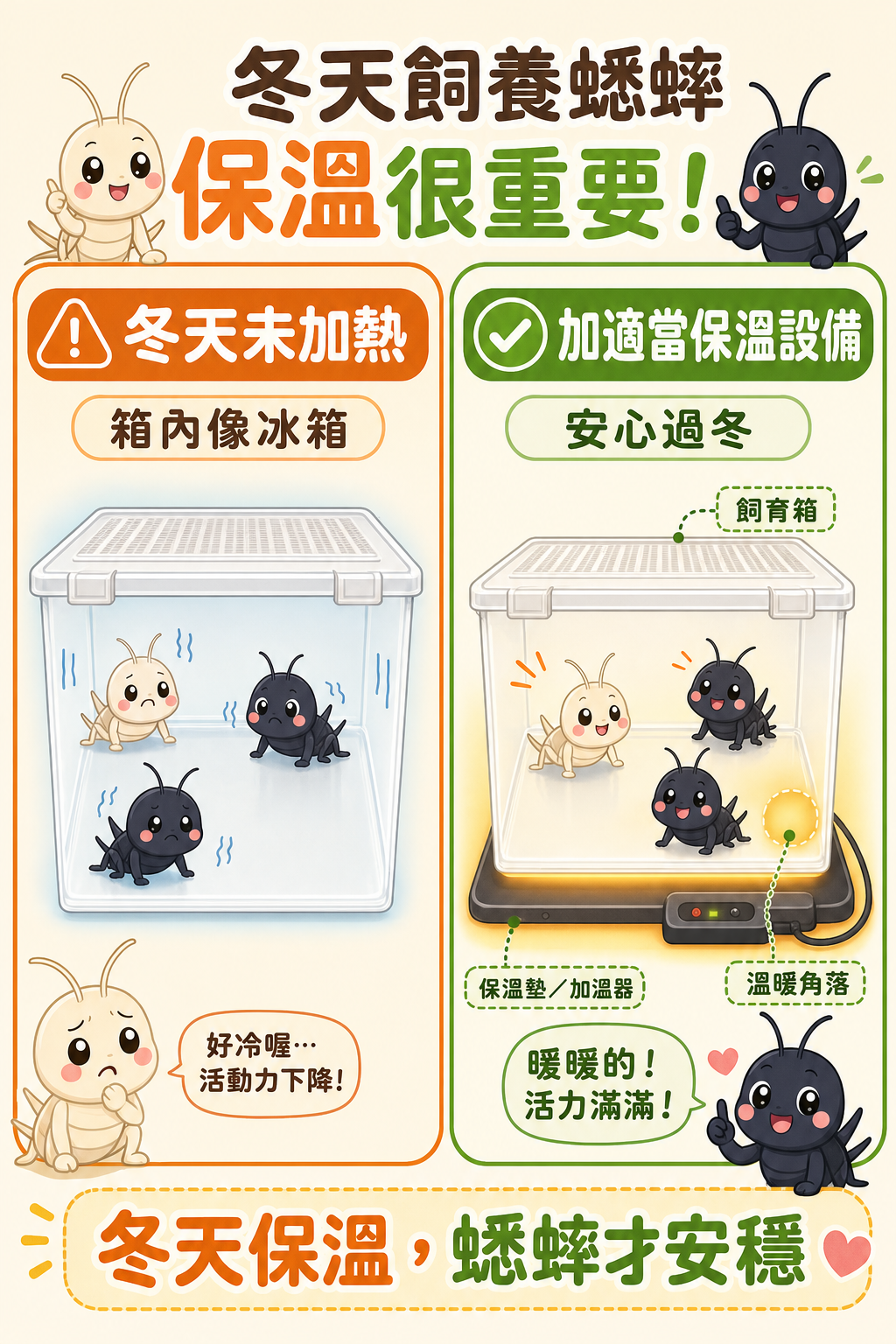 冬天沒加熱的飼育箱對蟋蟀來說跟冰箱差不多:加了適當保溫設備才能讓蟋蟀安然過冬