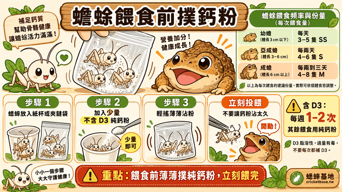 蟾蜍補鈣方式:餵食前撲純鈣粉
