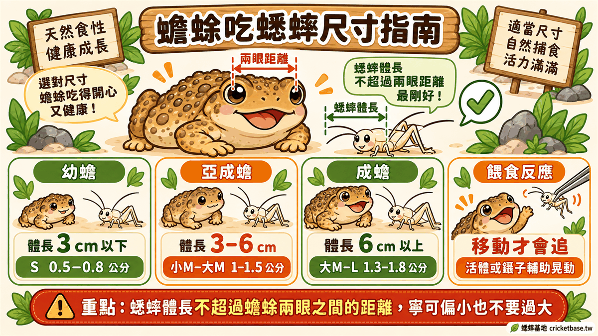 蟋蟀尺寸選擇:體長不超過蟾蜍兩眼之間的距離