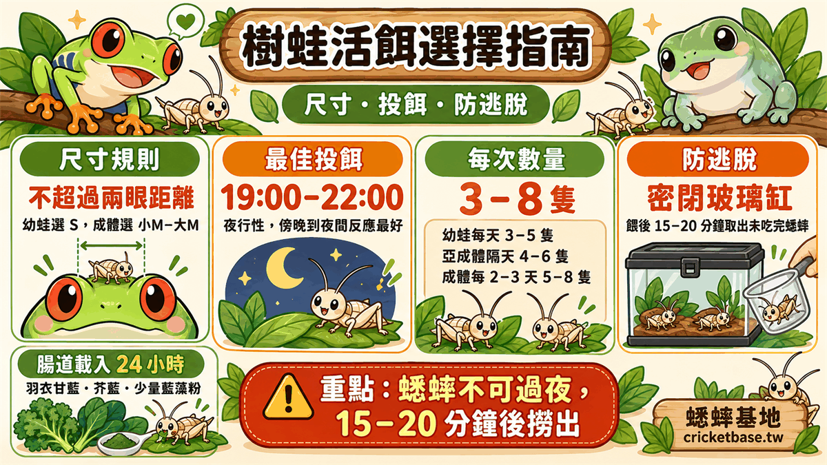 樹蛙活餌選擇指南：蟋蟀尺寸、投餌方式與避免逃脫技巧