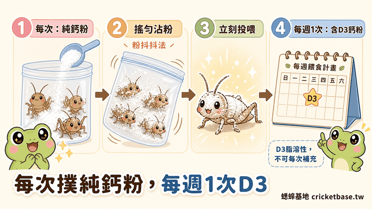 鈣粉補充步驟圖：每次撲純鈣粉，每週1次D3