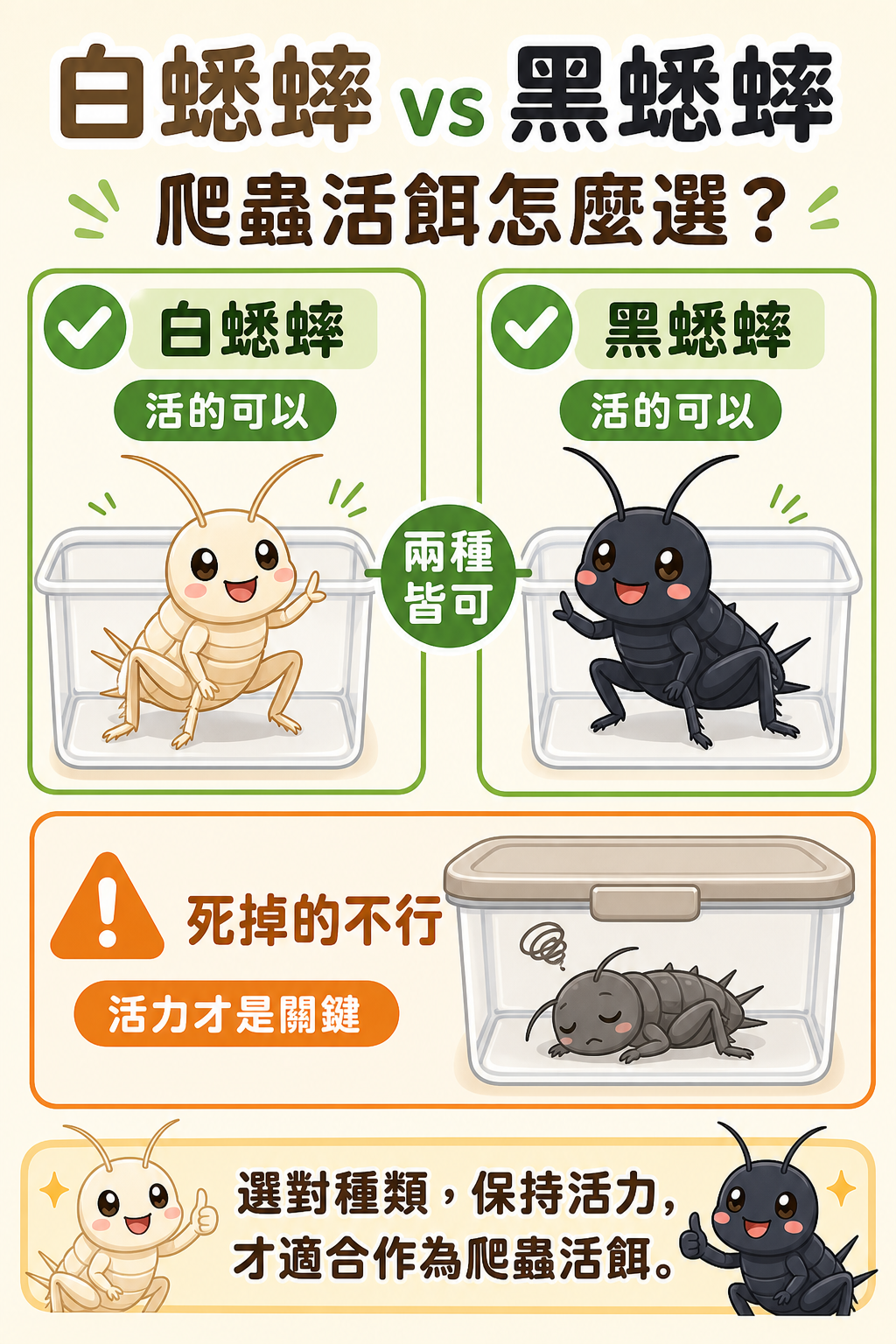 白蟋蟀和黑蟋蟀都是適合爬蟲的活餌選擇，兩種皆可，但死掉的蟋蟀就不行了——選對種類、保持活力才是關鍵。