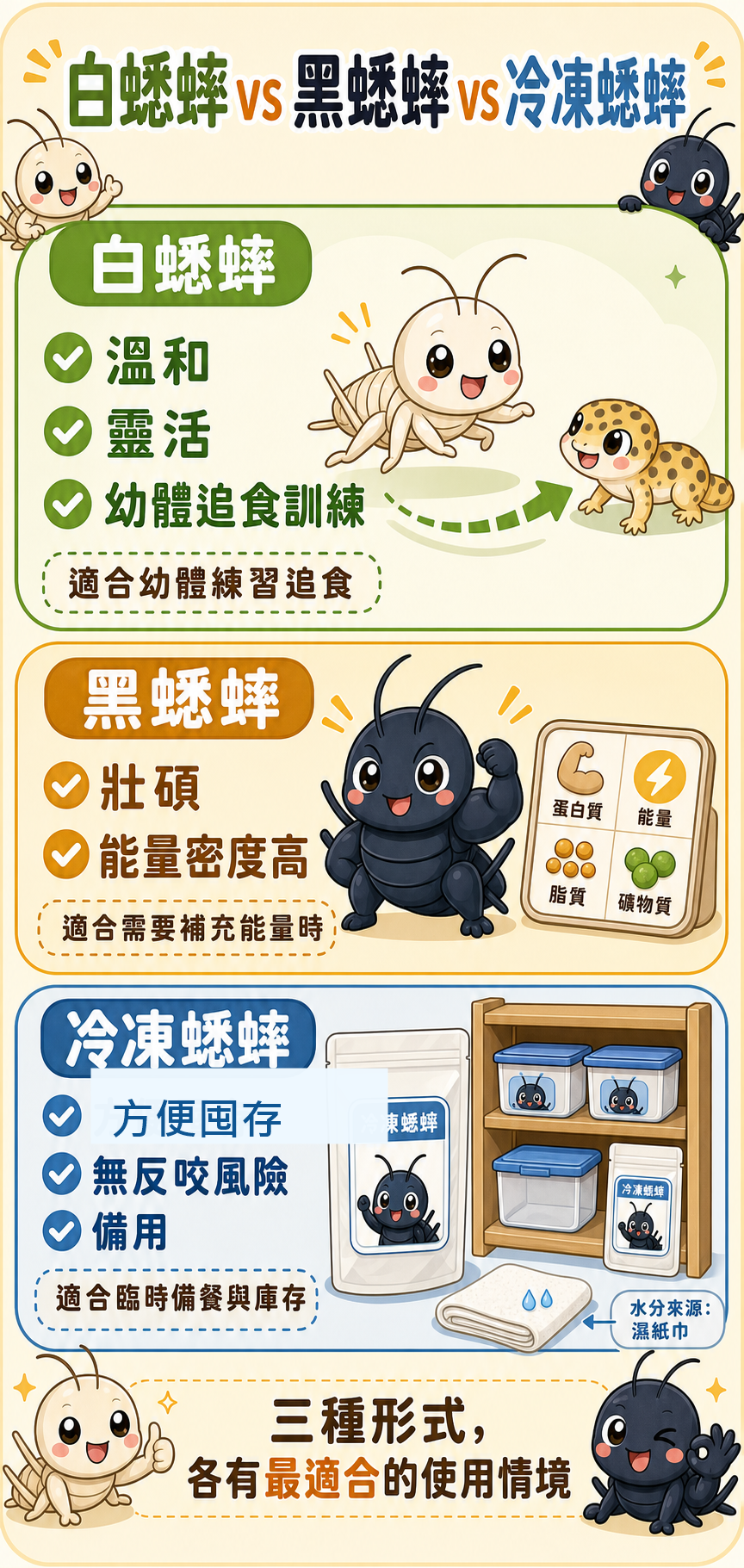白蟋蟀偏室內溫和、黑蟋蟀偏戶外強健；活餌適合追食訓練，冷凍蟋蟀方便囤存備用，兩種形式各有適合的使用情境。