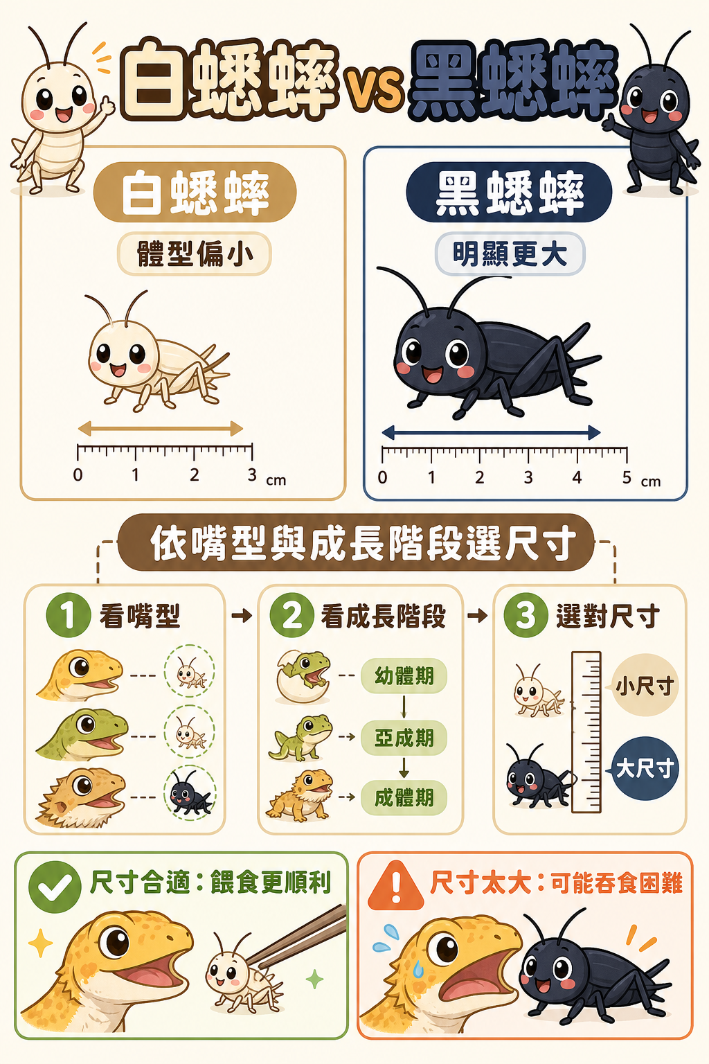 兩種蟋蟀各有大小尺寸可挑：白蟋蟀體型偏小、黑蟋蟀明顯更大，依照你家爬蟲的嘴型和成長階段選對尺寸，才不會造成吞食困難。