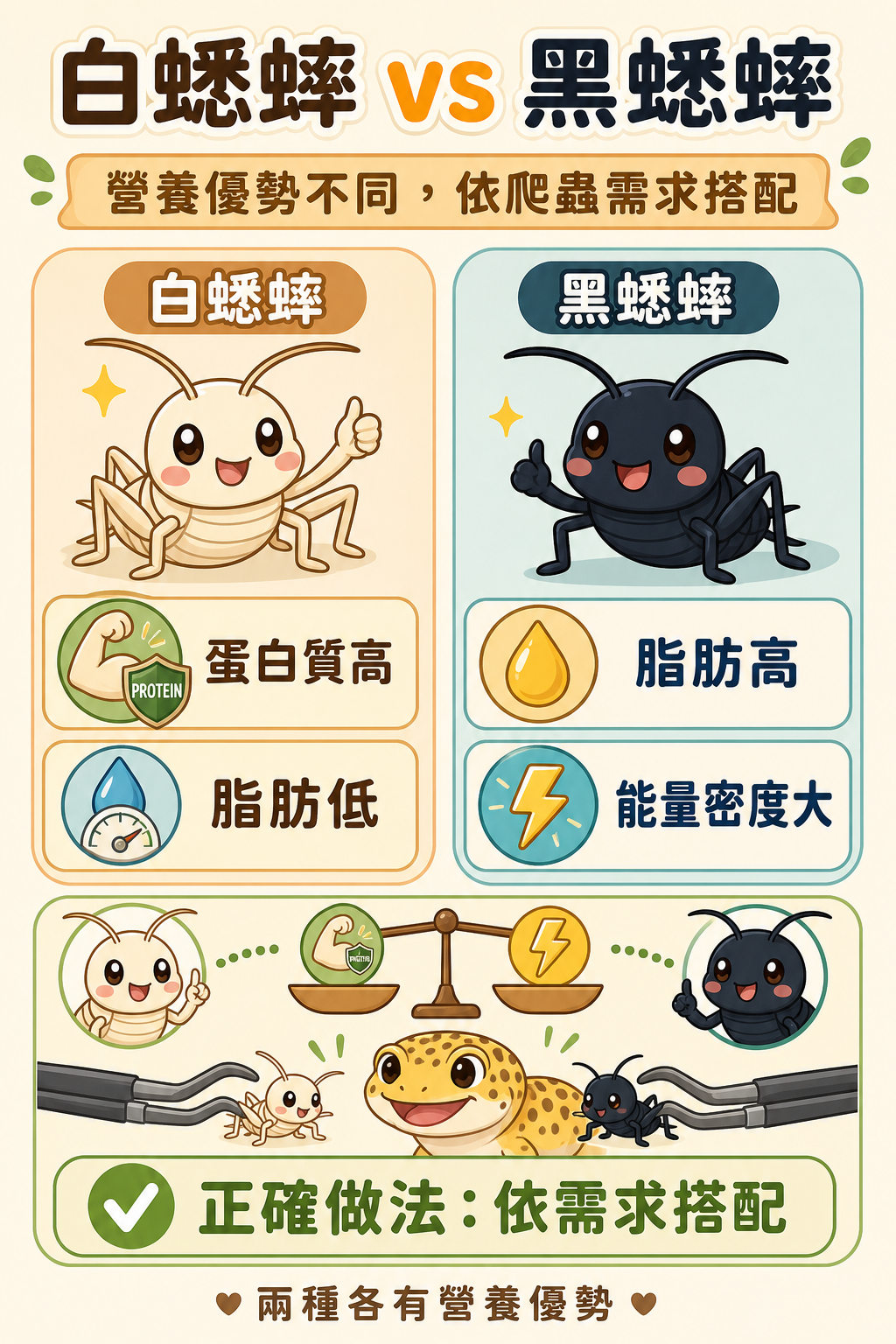 白蟋蟀蛋白質高、脂肪低；黑蟋蟀脂肪高、能量密度大，兩種各有營養優勢，依爬蟲需求搭配才是正確做法。