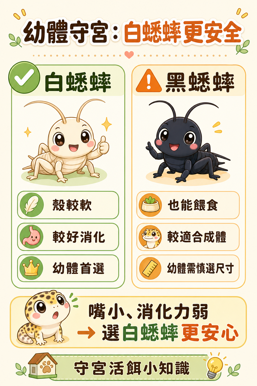 白蟋蟀和黑蟋蟀都能用來餵守宮，但幼體守宮嘴小、消化力弱，這時選白蟋蟀會更安全。