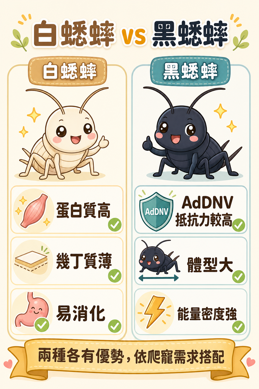白蟋蟀與黑蟋蟀都是常見飼料蟲；黑蟋蟀對蟋蟀濃核病毒（AdDNV）的天然抵抗力較高，白蟋蟀則以蛋白質高、幾丁質薄易消化見長，兩者各有優勢。