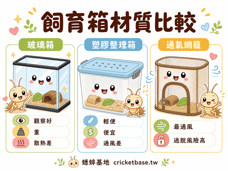 蟋蟀飼育箱材質比較:玻璃箱、塑膠整理箱、通氣網籠的優缺點