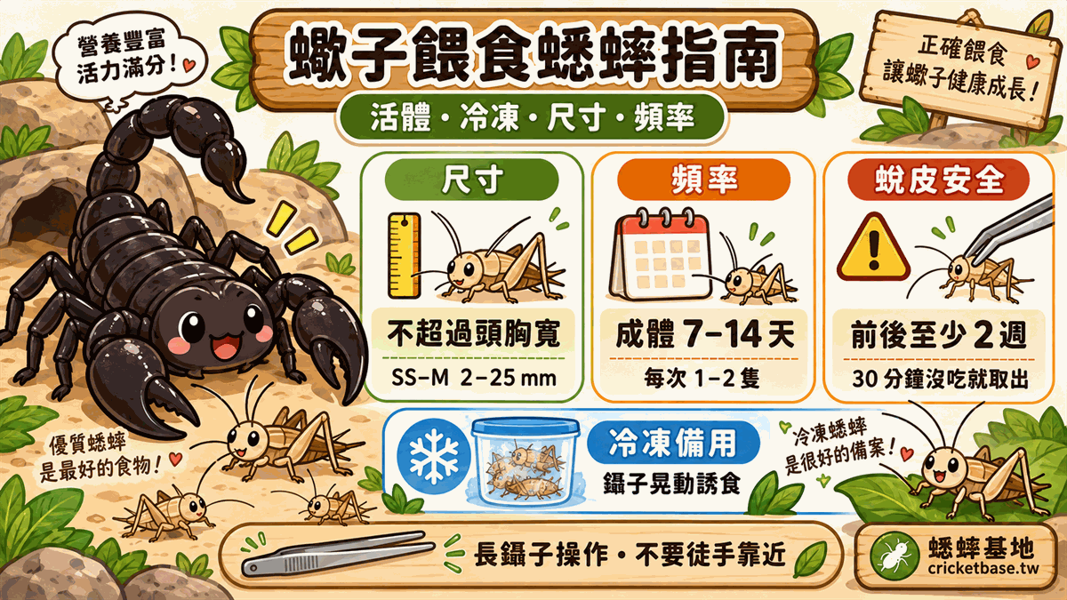 蠍子吃什麼?活體還是冷凍蟋蟀、尺寸頻率與安全注意事項
